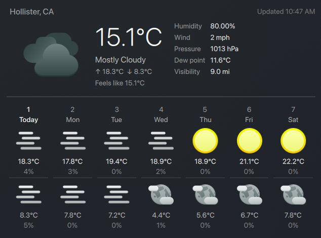 KDE weather widget showing current conditions and 7-day forecast